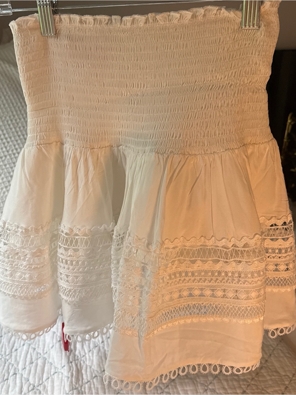Miss June Women’s White Smocked Mini Skirt with Lace Trim